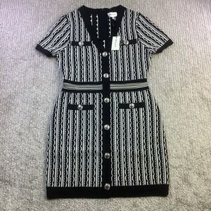 Milly Black White Scallop Textured V Neck Knit Mini Dress Size M NWT